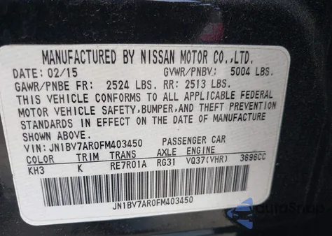 2015 Infiniti Q50 Premium from USA, damaged, VIN JN1BV7AR0FM403450